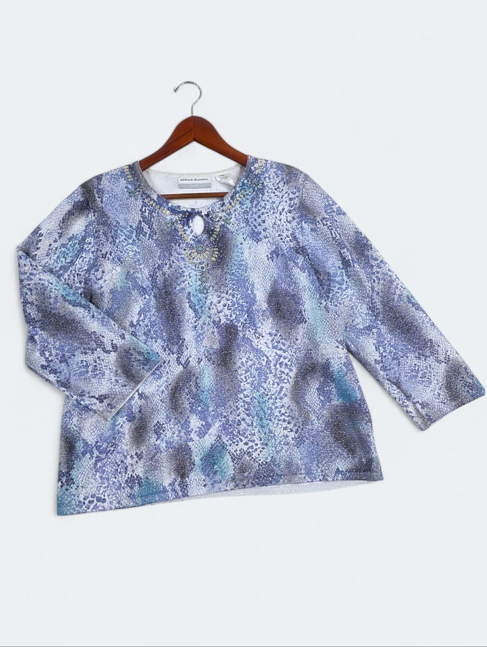Alfred Dunner Blue Beaded Snakeskin Print Sweater Top Petite XL PXL